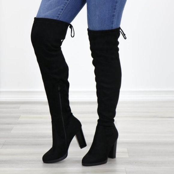 Tie Back Over Knee Heeled Sleek Boots Suede Black - Picture 13 of 15